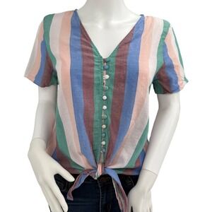 MADEWELL Small Tie Front Button Top Multi Color Striped Cotton V-Neck Coastal